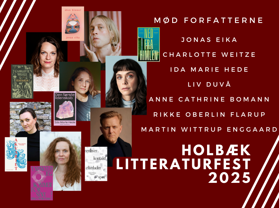 Oversigtsgrafik til Holbæk Litteraturfest, hvor navne og billeder vises af de deltagende forfattere